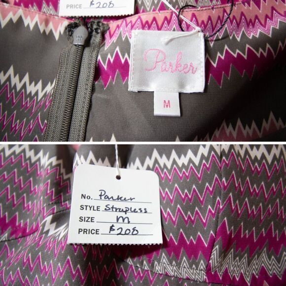 NEW Parker Sweetheart 100% Silk Mini Strapless Dress, Pink print, M - Picture 7 of 14